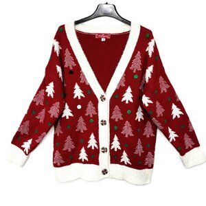 33 Degrees Cardigan Ugly Christmas Sweater w/ Christmas trees & spangles  Large
